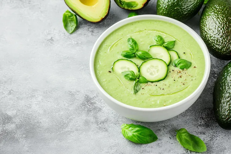 Cucumber avocado soup with greek yogurt, lime and chives