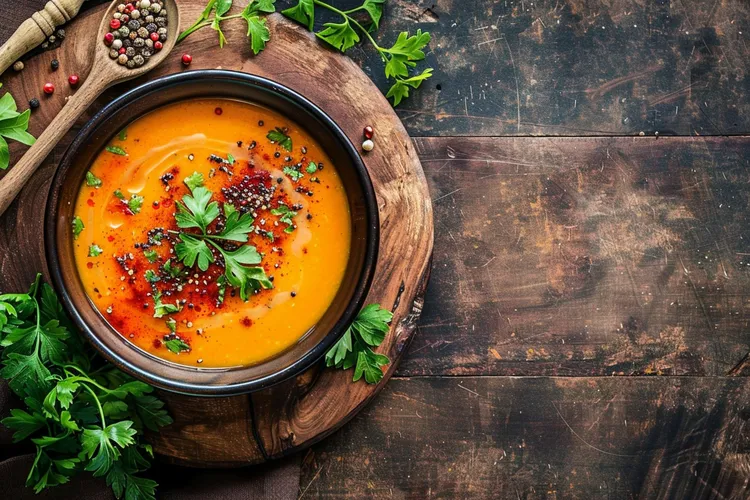 Spicy sweet potato soup with chilli coriander cream