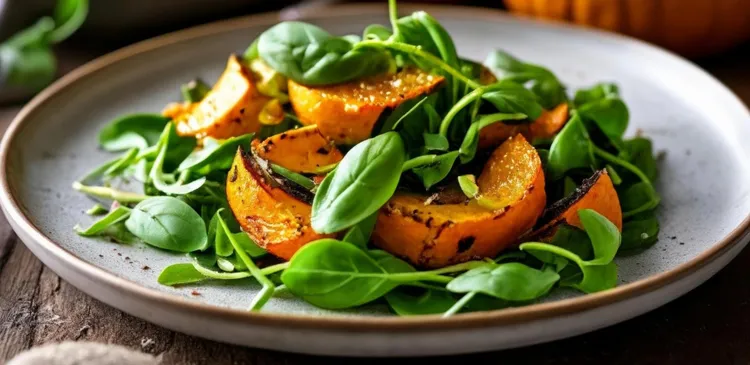 Roasted squash and spinach salad with almond dressing