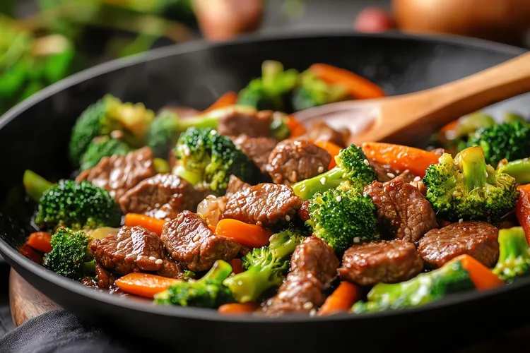Stir-fried beef, broccoli and yams