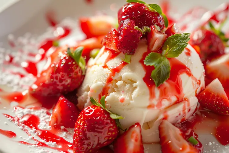 Strawberries with orange syrup and ice-cream
