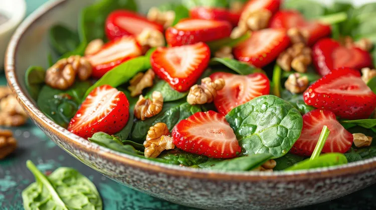 Fresh strawberry and walnut spinach salad with vinegar