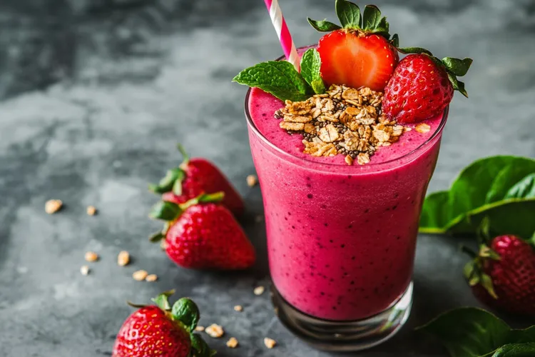 Strawberry banana oatmeal breakfast smoothie