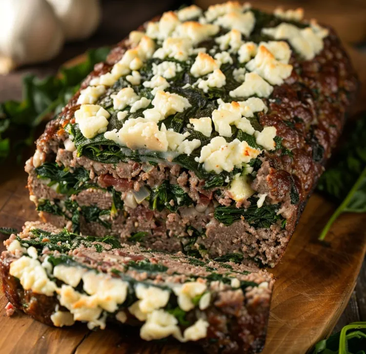 Keto stuffed meatloaf with spinach, goat cheese and herbs
