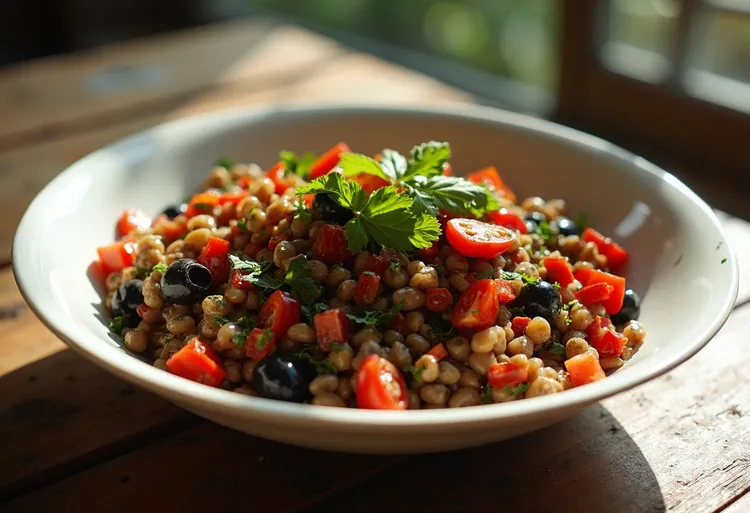 Mediterranean lentil salad with sun-dried tomatoes and olives