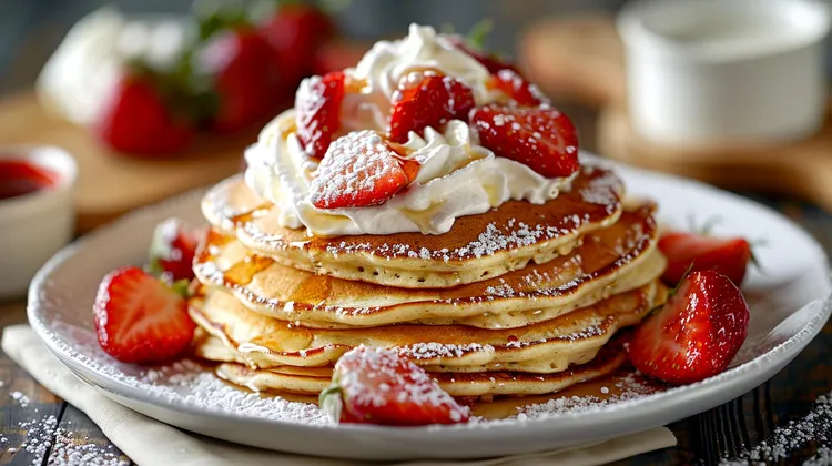 Cream cheese pancakes with strawberry topping