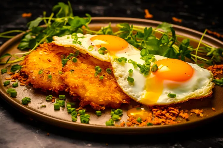 Sweet potato and kimchi fritters with fried eggs