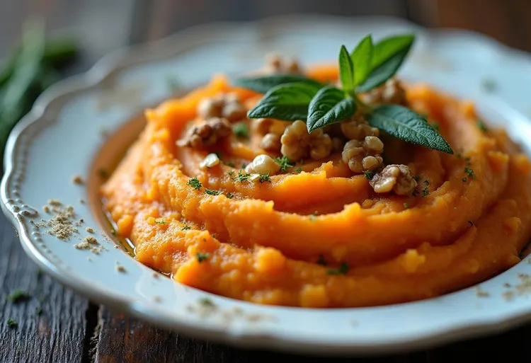 Sweet potato mash with walnuts and crisp sage