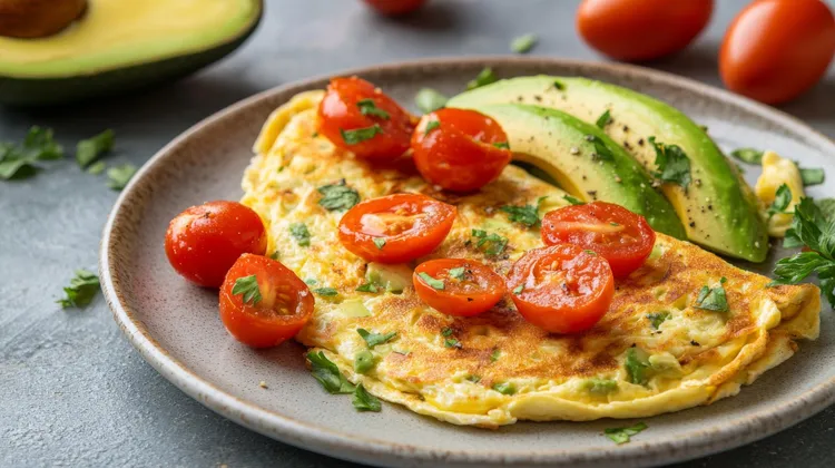 Tomato, cheese and avocado omelette