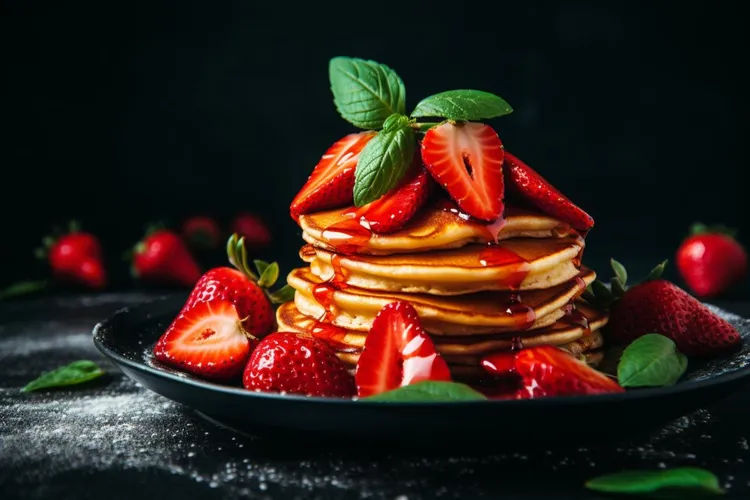 Traditional pancakes with maple syrup butter & strawberries