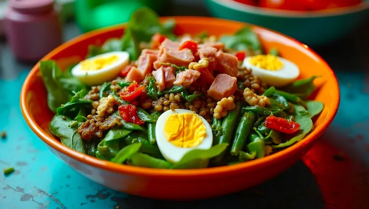 Tuna nicoise bowl with lentils, egg and spinach