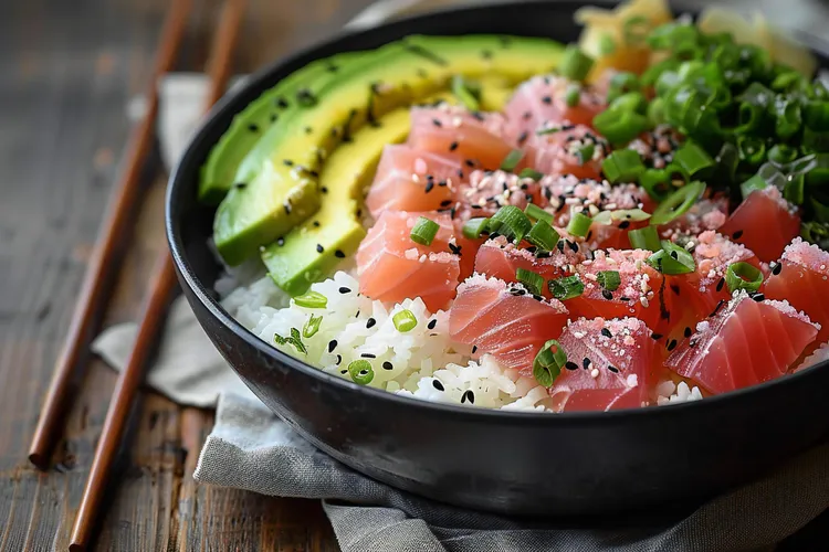 Tuna poke bowl with sesame seeds and sweet soy sauce
