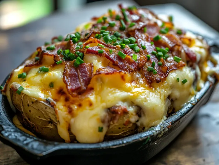 Loaded twice baked potatoes with bacon, cheddar and chives