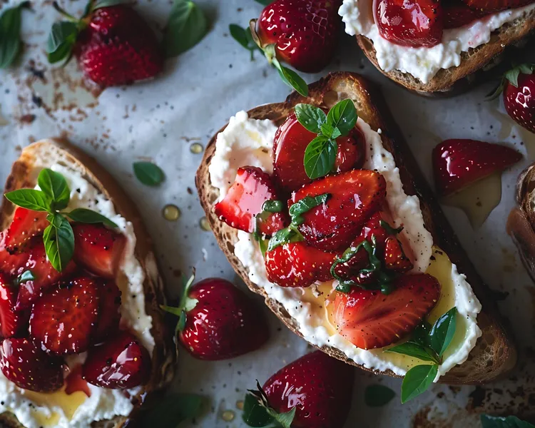 Toast with homemade ricotta and strawberry jam