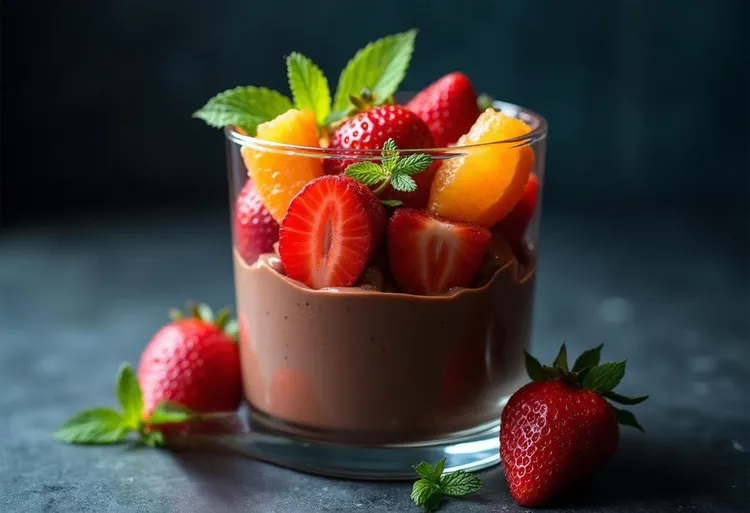 Vegan chocolate mousse with strawberry and orange compote
