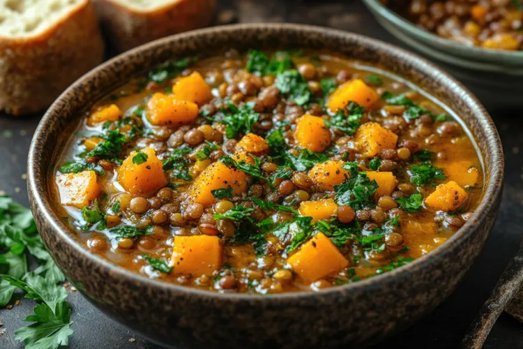 Vegan protein squash bowl with quinoa, lentils and tomatoes
