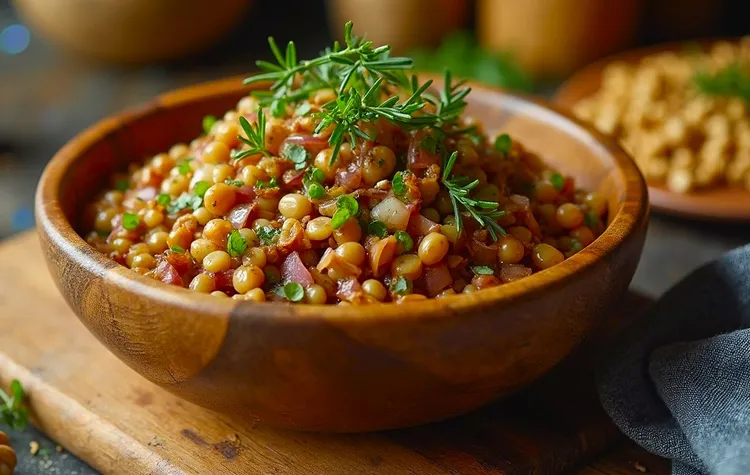 Warm lentil and walnut salad with thyme and garlic
