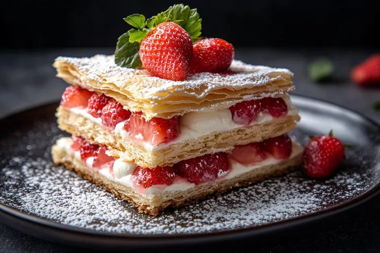 White chocolate cream and strawberry mille-feuille
