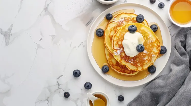 Wholemeal pancakes with blueberries, ricotta and honey