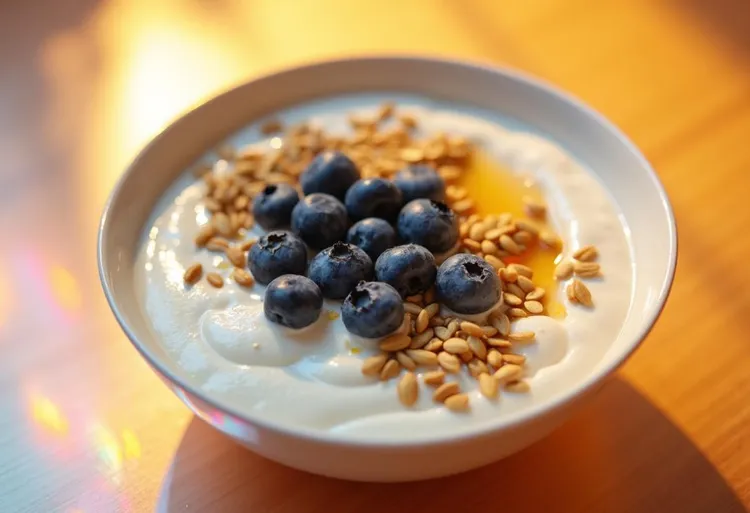 Yogurt bowl with blueberries, sunflower seeds and honey