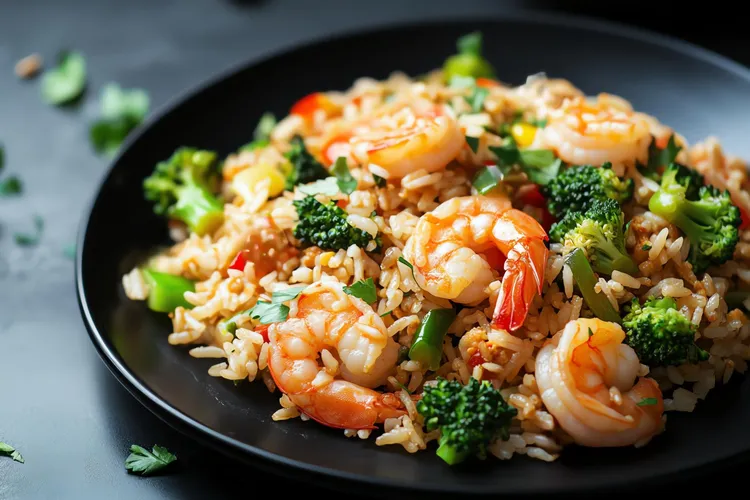 Spicy honey garlic shrimp with brown rice and broccoli