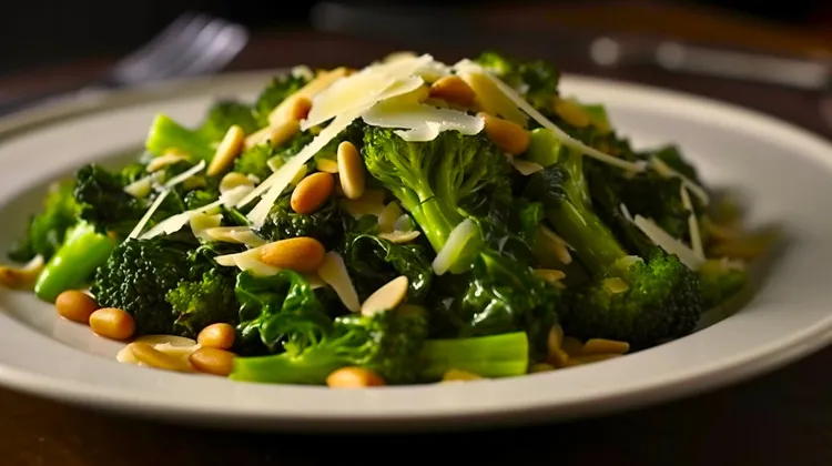 Baby broccoli with lemon, parmesan and pine nuts