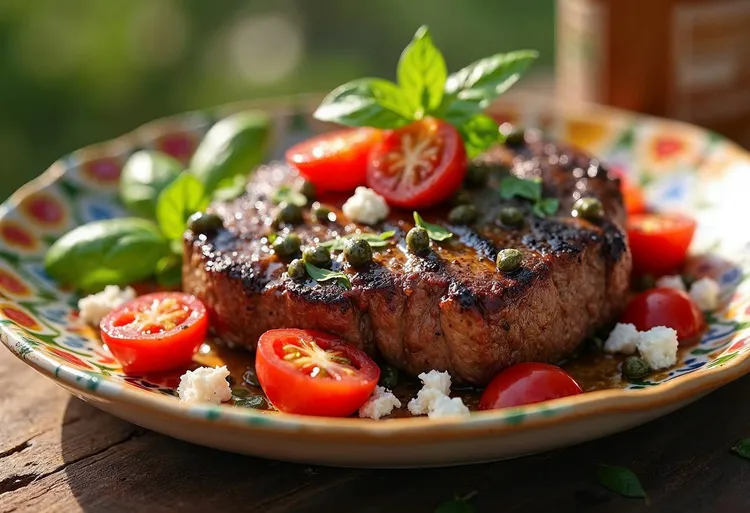 Balsamic steak with tomato, basil and fetta