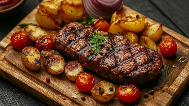 Barbecued steaks with barbecued tomatoes, potatoes and onions