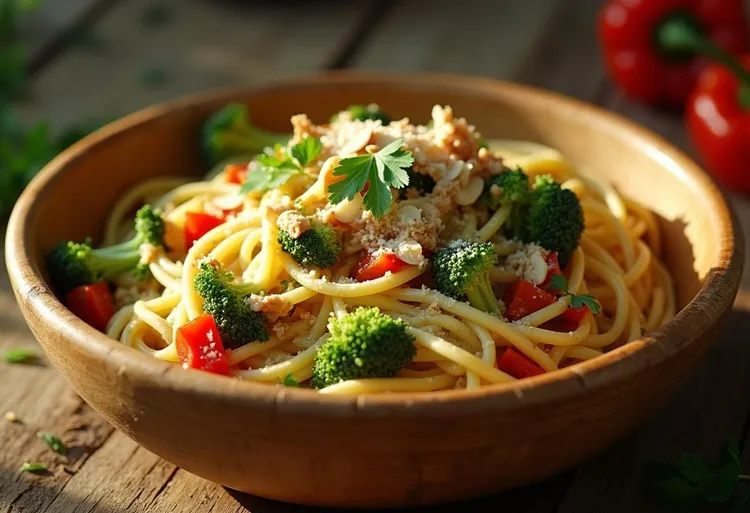 Broccoli, green chilli and smoked almond spaghetti