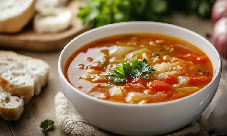 Cabbage and tomato soup with chicken gravy