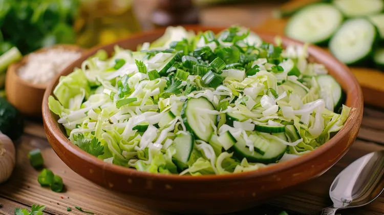 Crisp cabbage and cucumber salad with onion