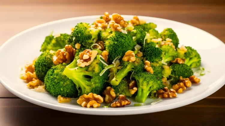 Chilli soy broccoli and honeyed walnuts
