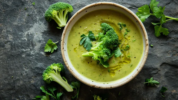Broccoli and cashew soup with lemon and red pepper