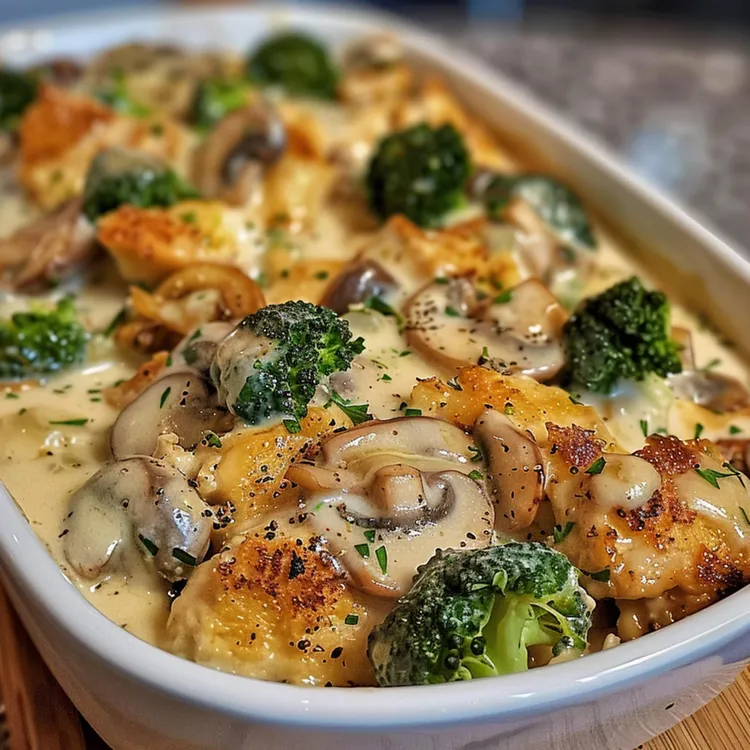 Chicken and broccoli bake with mushrooms and cheese