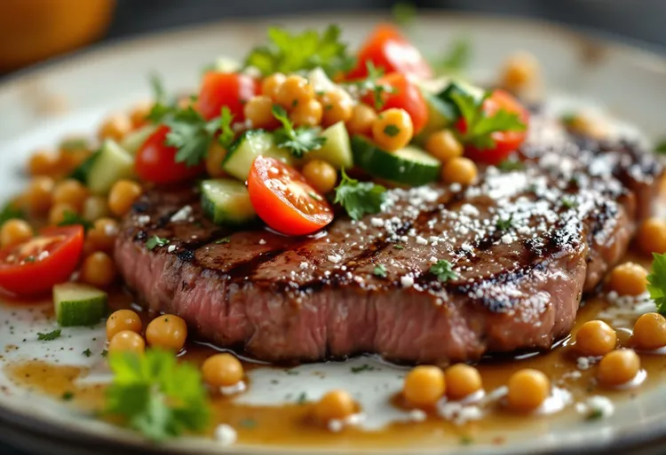 Grilled steak with tomato and chickpea salad