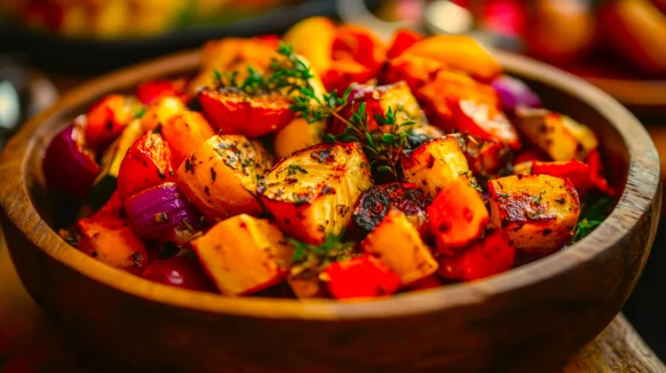 Grilled sweet potato, onion and bell pepper medley