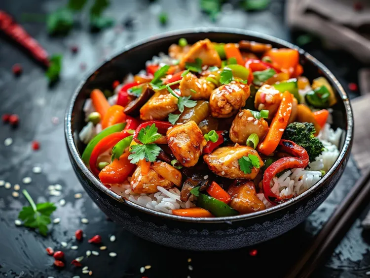 Honey-lemon chicken stir fry with rice