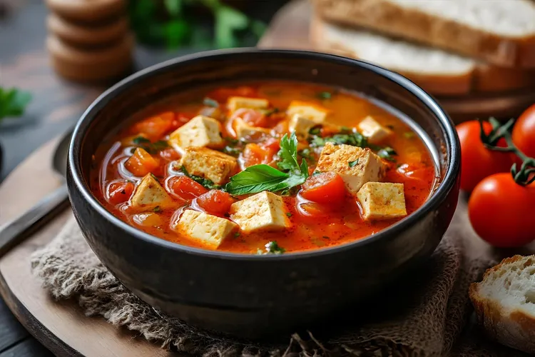 Tofu cabbage soup with eggplant and tomato
