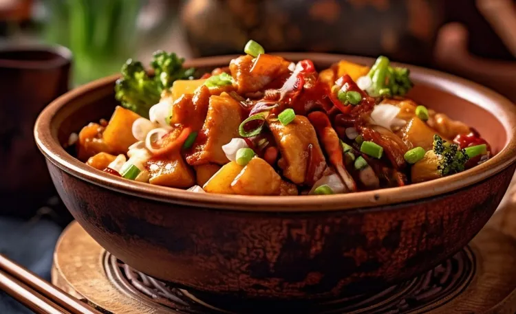 Hibachi chicken and vegetable stir fry with white wine