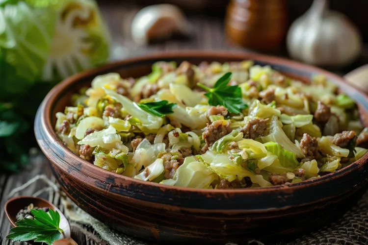 Keto pork eggroll bowl with cabbage, onion and sesame oil