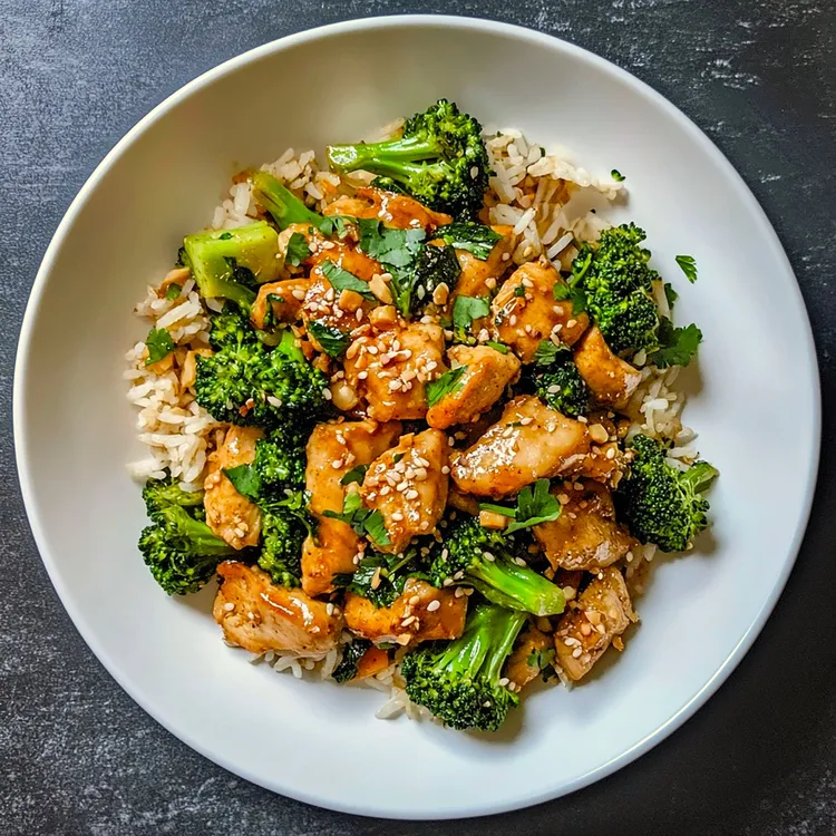 Honey sesame chicken with brown rice and veggies