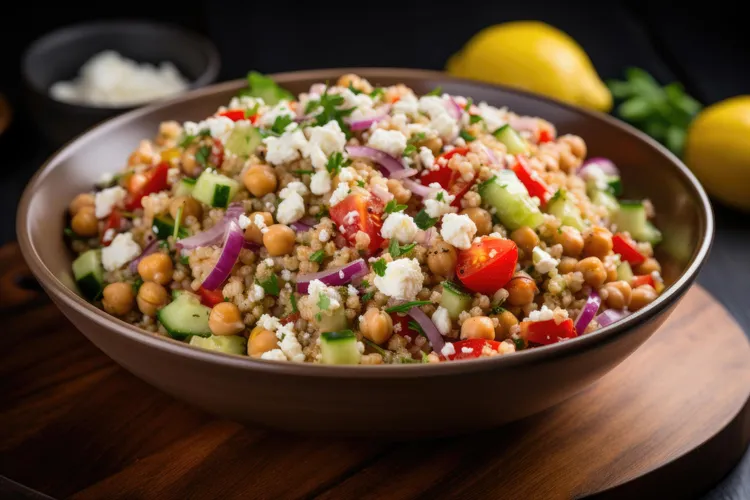 Maple vinaigrette couscous salad with feta, chickpeas and herbs