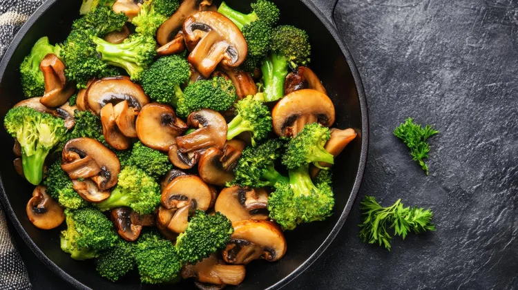 Mushroom, spring onion and baby broccoli stir-fry