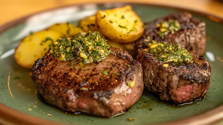 Oyster blade steak with hasselbacks and chimichurri