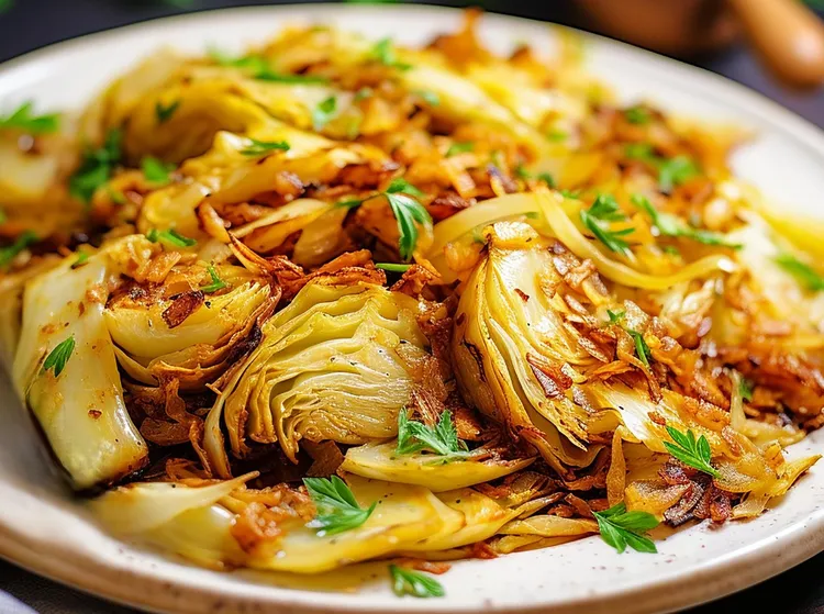 Pan-fried cabbage with onions, sugar, salt and pepper