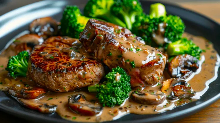 Pan-seared steaks with roasted mushrooms and broccoli