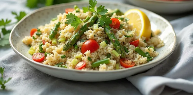 Pearl couscous salad with lemon, asparagus and tomato
