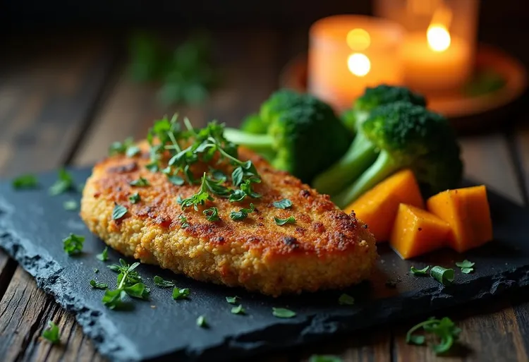 Quinoa and thyme chicken schnitzel with honey pumpkin