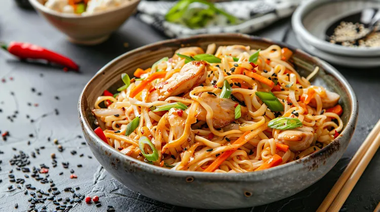 Rice noodles with chicken and vegetables