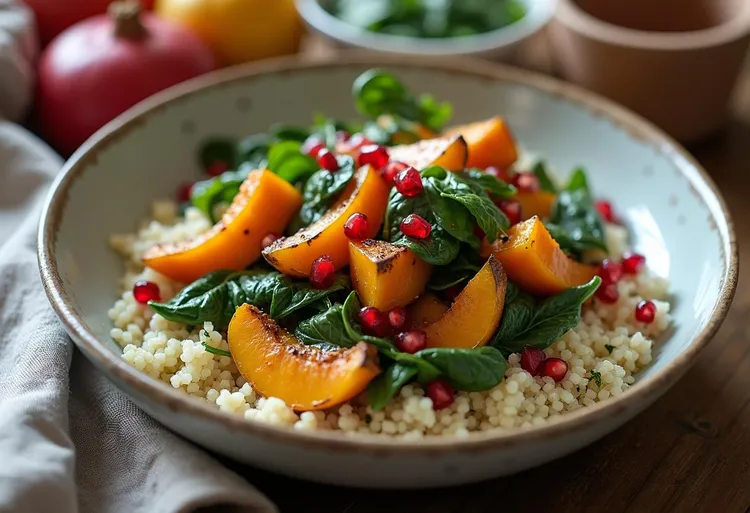 Roast pumpkin, spinach and pomegrante couscous